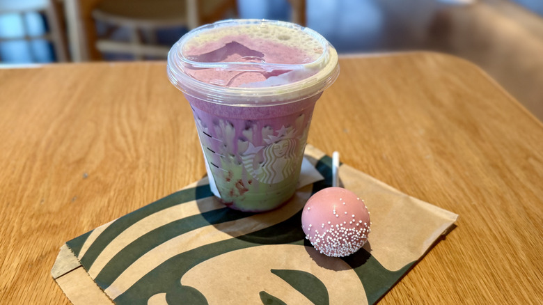 Iced Double Berry Matcha with a Birthday Cake Pop