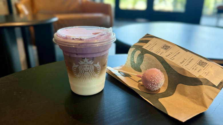 Iced Ube Coconut Macchiato with a Birthday Cake Pop
