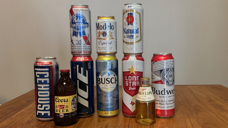 An assortment of ten beers lined up and stacked on a wooden table.