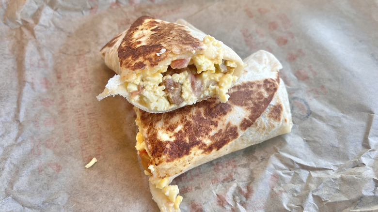 Cheesy Toasted Breakfast Burrito Potato cut in half