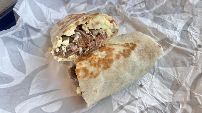 Grande Toasted Breakfast Burrito Steak cut in half