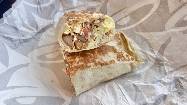 Grande Toasted Breakfast Burrito Bacon cut in half