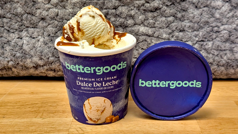 A pint of Walmart's Bettergoods brand Dulce De Leche flavored premium ice cream