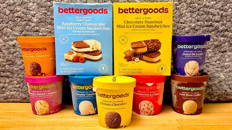 A selection of 9 different Bettergoods branded ice cream based desserts including pints of ice cream and two boxes of ice cream sandwiches