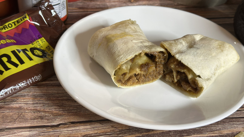 Tina's Burrito Beef & Bean on white plate with wrapper