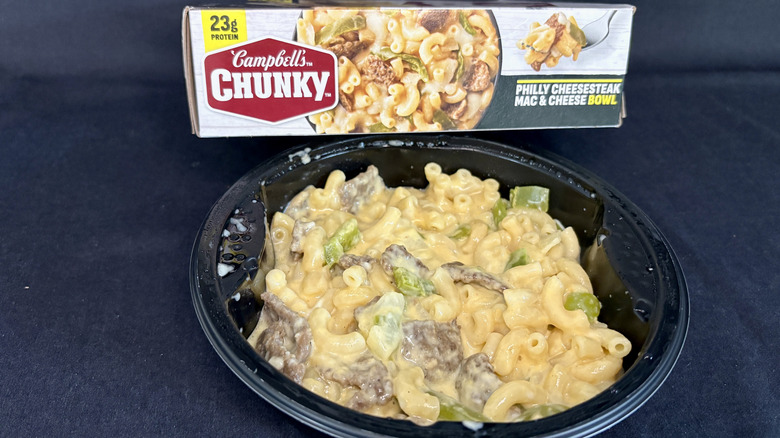 Chunky Philly Cheesesteak Mac and Cheese frozen bowl microwave meal with box behind