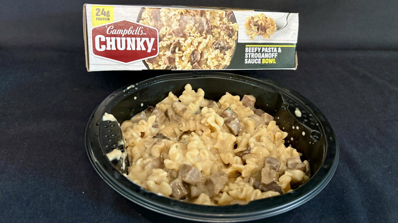 Chunky Beefy Pasta with Stroganoff Sauce frozen bowl microwave meal with box behind