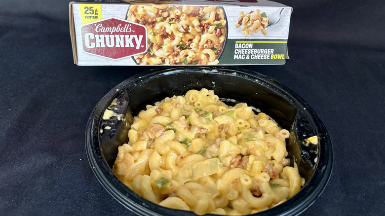 Chunky Bacon Cheeseburger Mac and Cheese frozen bowl microwave meal with box behind