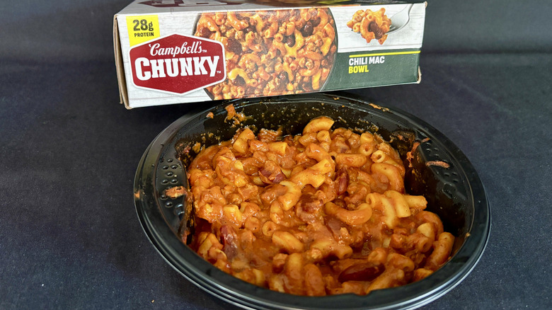 Chunky Chili Mac frozen bowl microwave meal with box behind