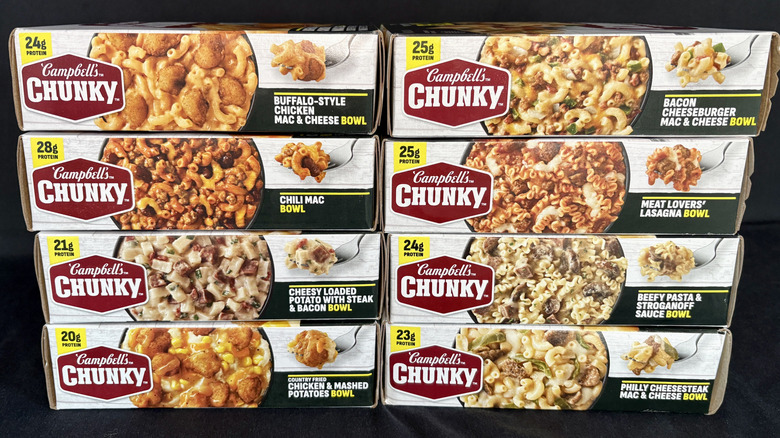 Eight Campbell's Chunky frozen bowl boxes stacked