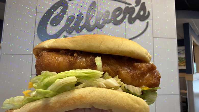 Cod sandwich in front of Culver's sign