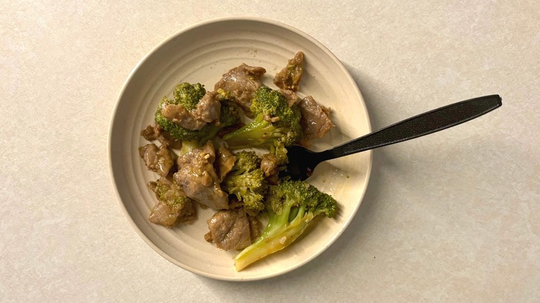 Panda Express Broccoli Beef  on plate with fork