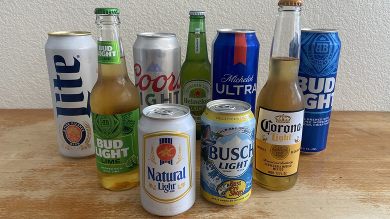 One of each beer can or bottle in a diamond arrangement