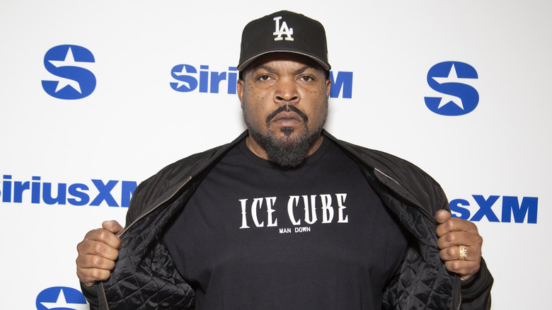 Ice Cube posing in front of a SiriusXM Studios backdrop on October 10, 2024 in New York City.