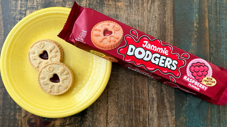 A plate of Burton's Jammie Dodgers biscuits next to the package