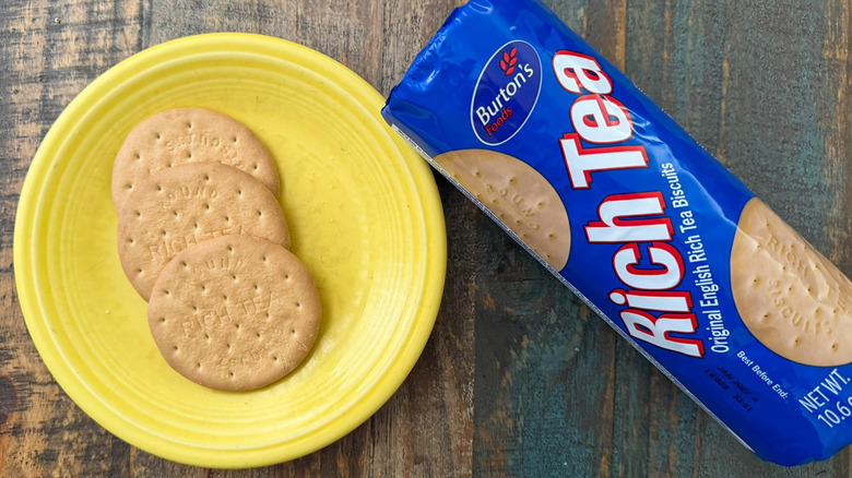 A plate of Burton's Rich Tea biscuits next to the package