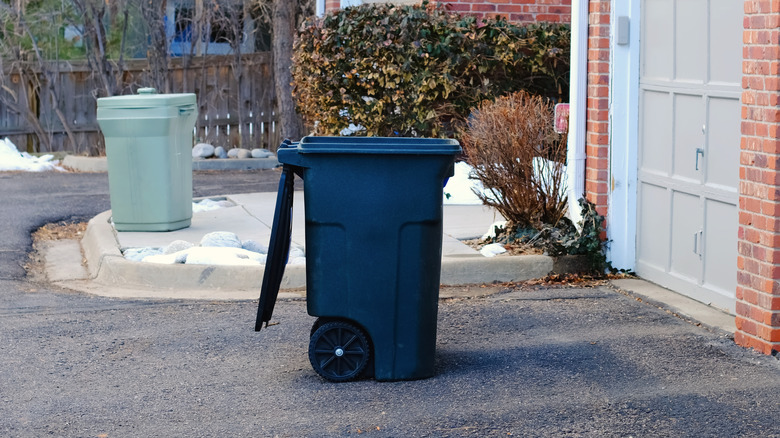 Garbage can in front of a residential home garage door