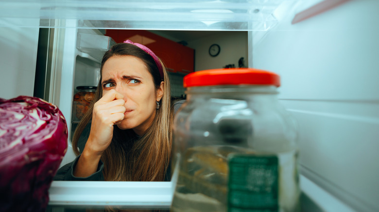 Woman pinching her nose because of a bad scent coming from the refrigerator