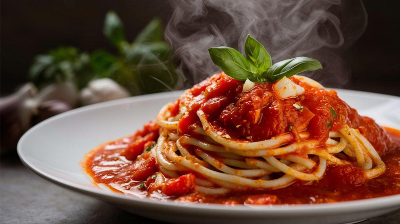 close up photo of steaming plate of spaghetti and marinara sauce topped with fresh basil and garlic