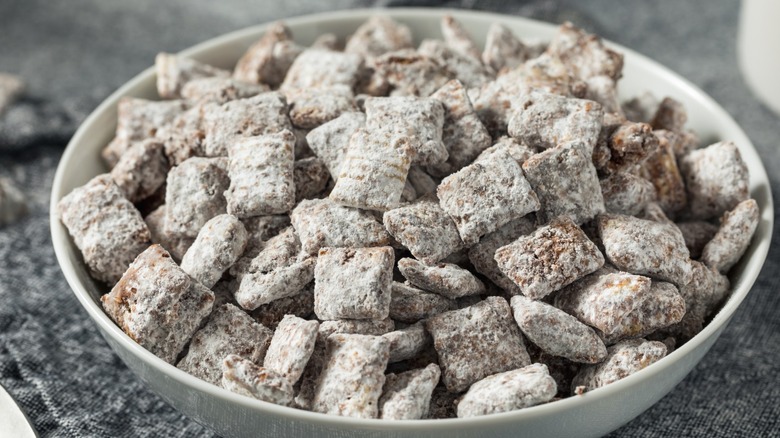 A bowl of puppy chow cereal snack