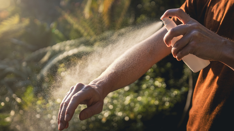 Someone outdoors spraying mosquito spray on their arm.