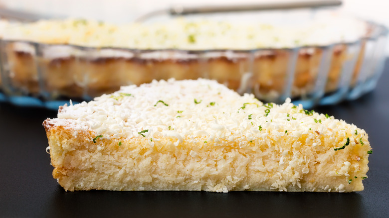 A slice of coconut, lime, and lemon flavored Impossible Pie