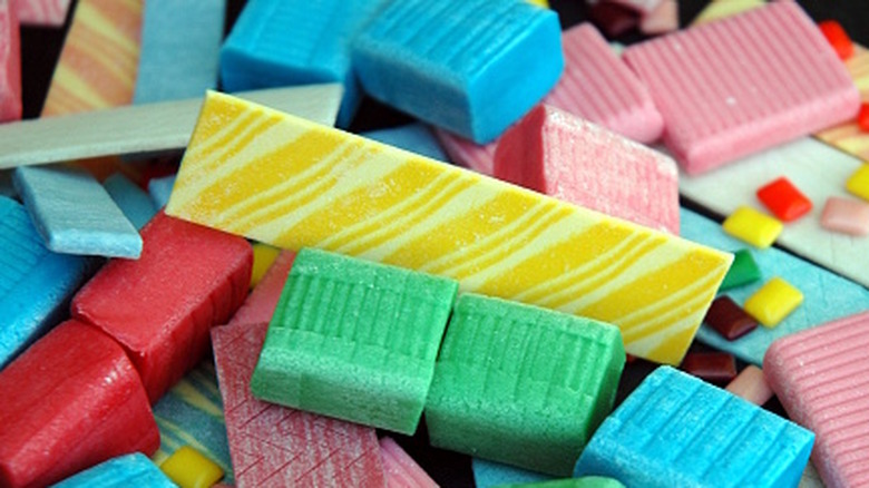 Assorted multicolored pieces of chewing gum