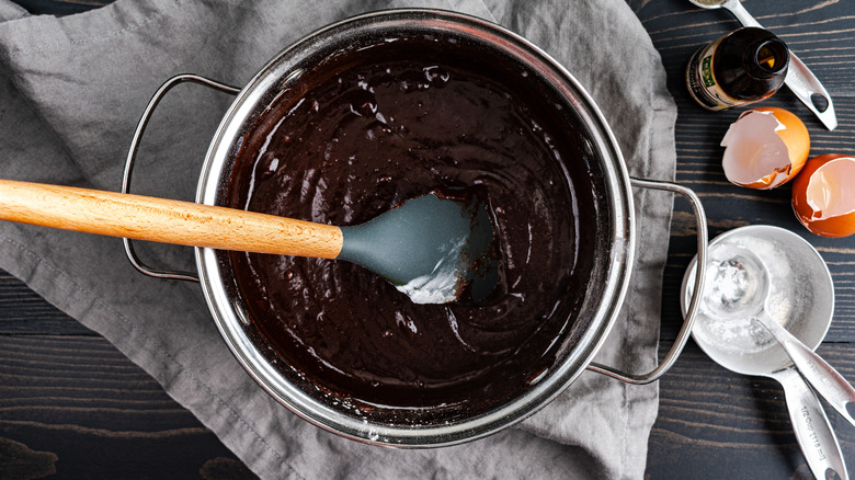 Overhead shot of brownie ingredients in mixing bowl