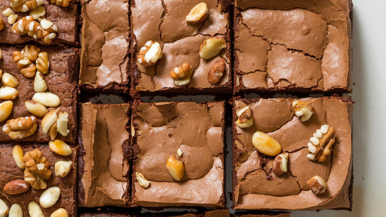 Overhead shot of crackly walnut brownies