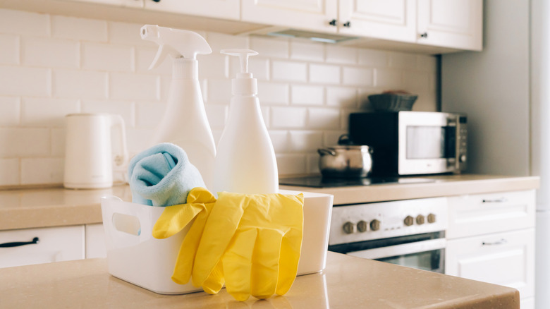 Cleaning supplies on a kitchen counter
