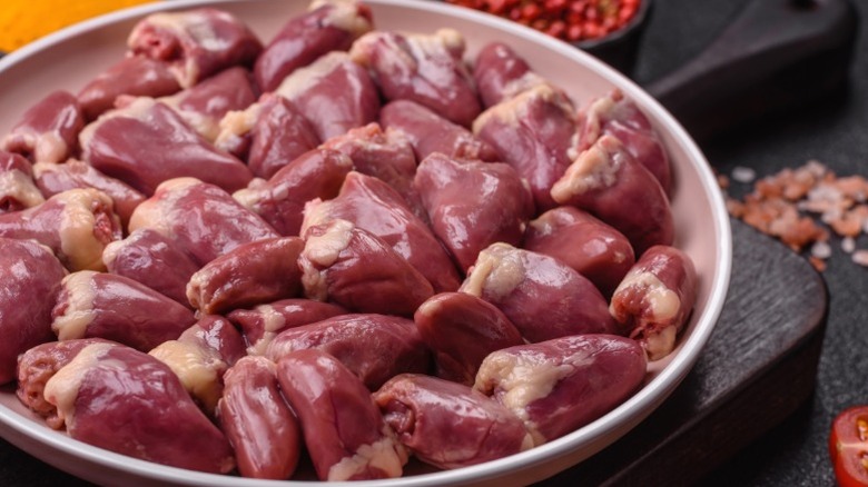 Poultry hearts in a bowl.