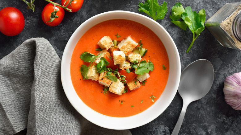 Tomato soup topped with croutons and parsley