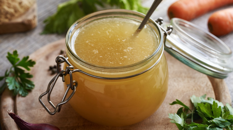 Jar of homemade chicken stock