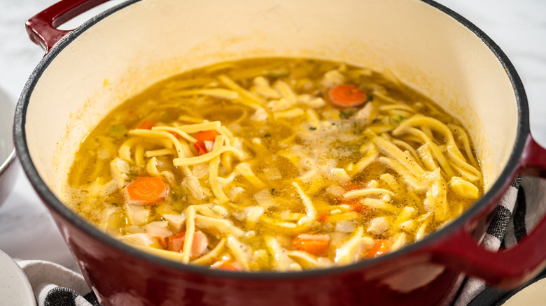 Chicken noodle soup in a Dutch oven
