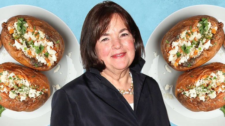 Ina Garten with her famous crusty baked potatoes in the background.