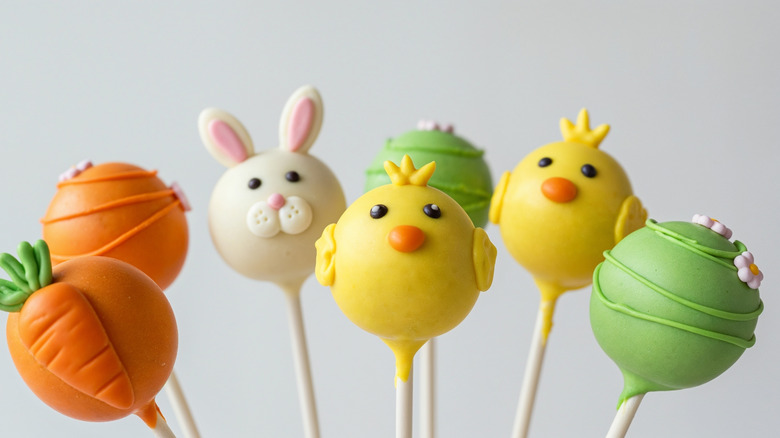 Easter cake pop fun for kids with carrots, bunny, green, yellow chick