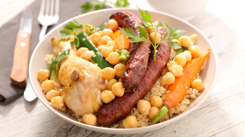 Merguez sausage with couscous and beans