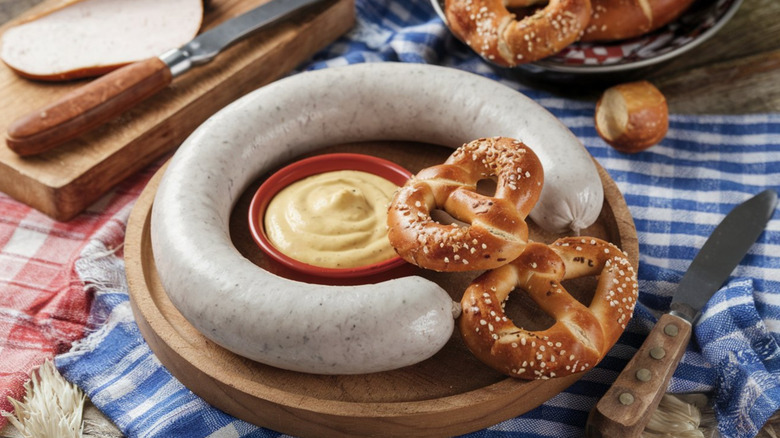 Weisswurst sausage with mustard and pretzels