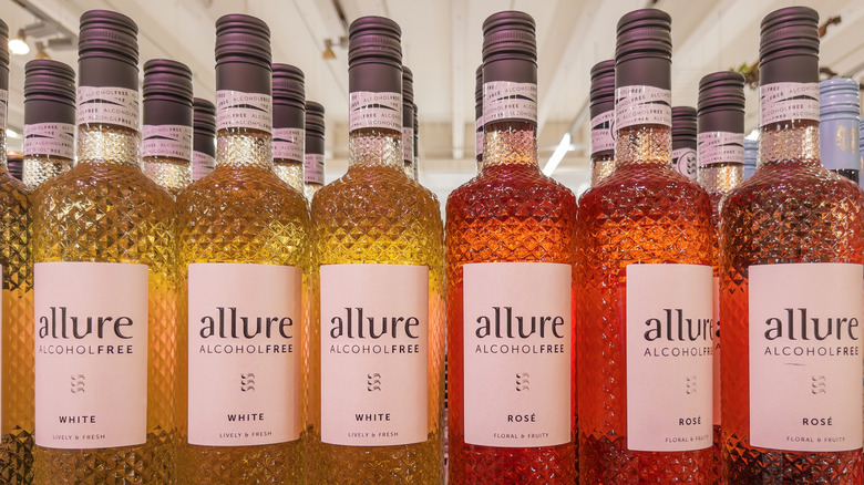 Assorted bottles of alcohol-free white and rose wines