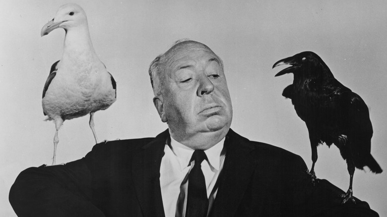 Alfred Hitchcock with seagull and raven