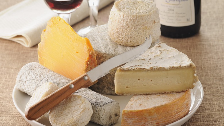An assortment of different cheeses on a plate