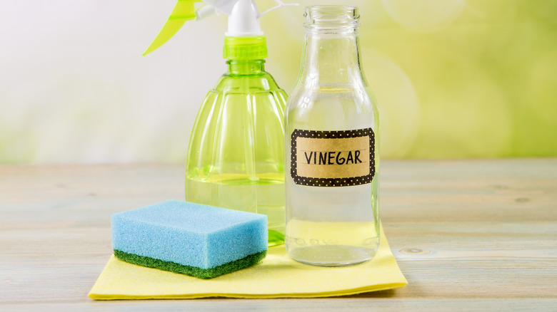 A bottle of vinegar with cleaning supplies.