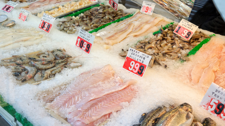 Fish and seafood on ice with prices at a seafood counter