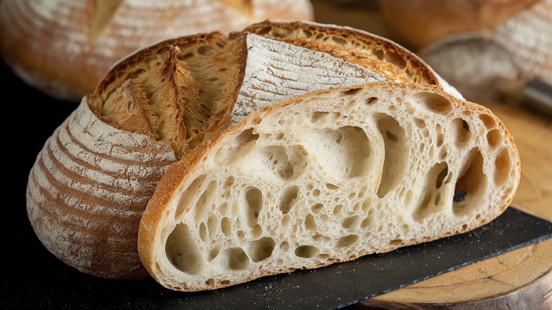 A cross cut image of a sourdough boule