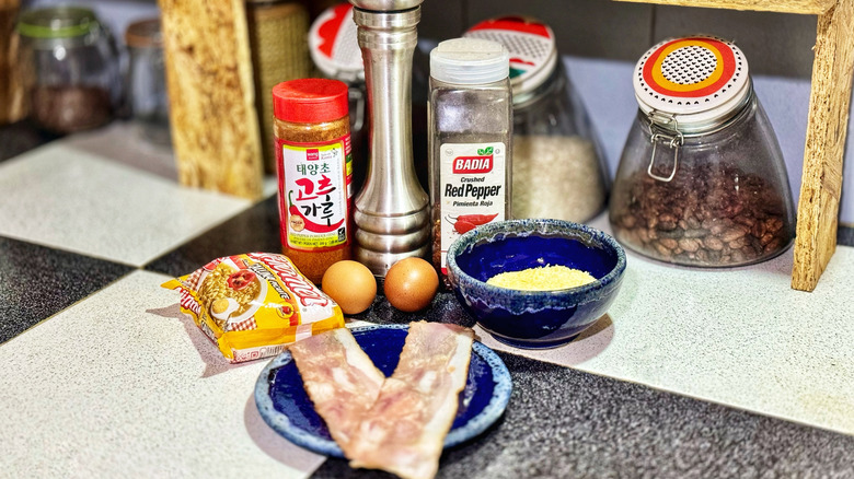 Ingredients for making homemade ramen carbonara
