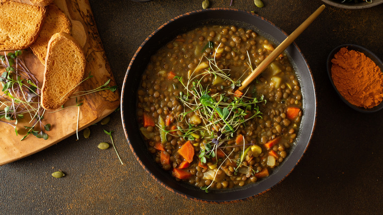 A bowl filled with lentil soup.
