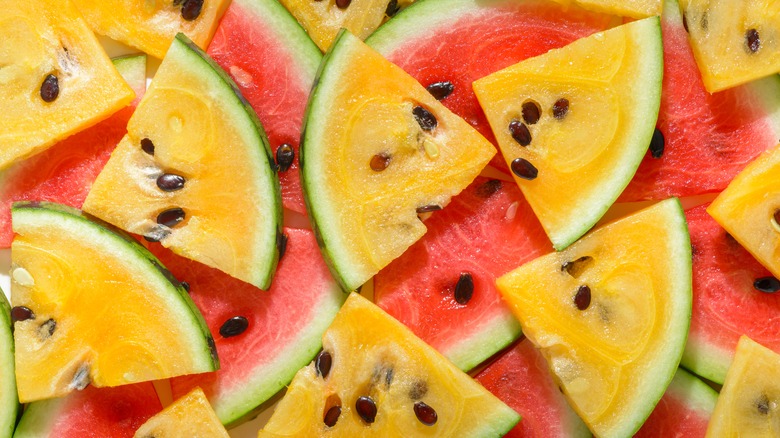 Slices of red and yellow watermelon.