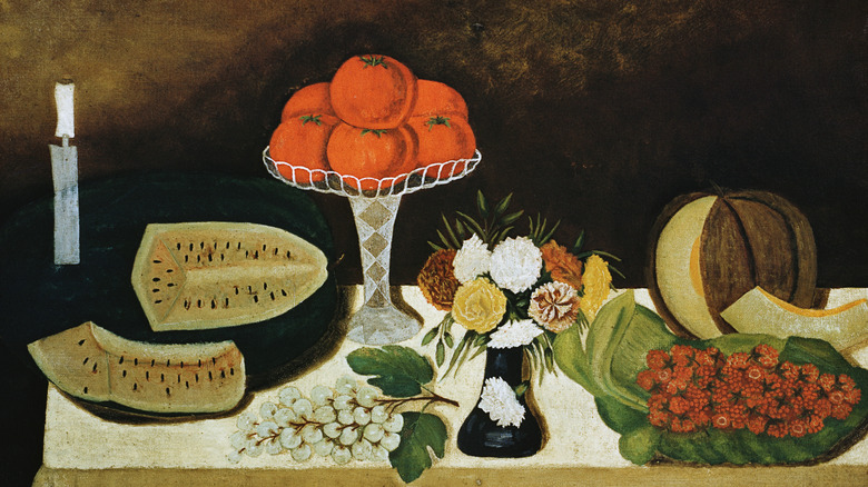 An old painting featuring yellow watermelon.