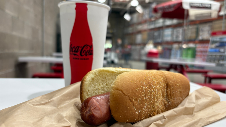 A close-up of a hot dog in the Costco food court