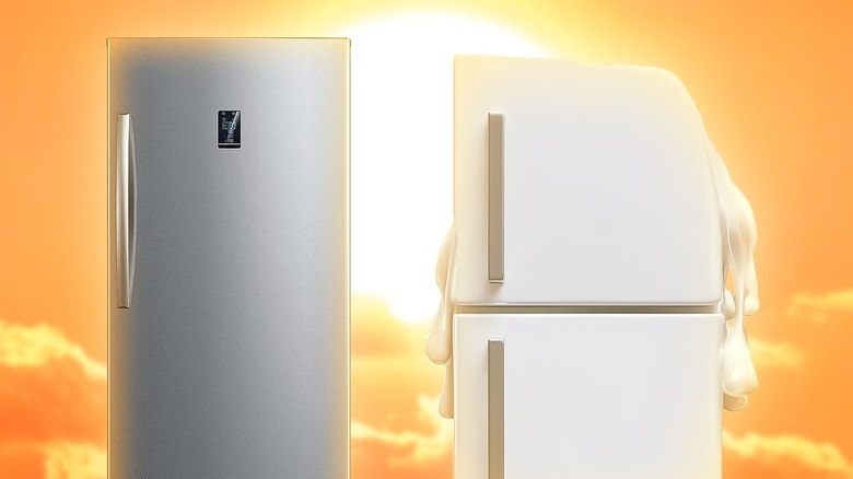 Two white refrigerators in front of a sunny sky; one refrigerator appears to be melting